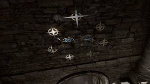 Baldur's Gate 3 Moon Puzzle: Two stylized eyes sit in hte middle of seven shining painted stars on a stone wall