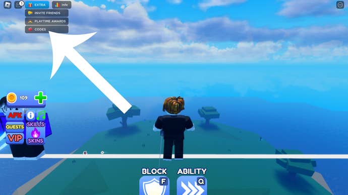 Arrow pointing at the button players need to press to access the codes screen in the Roblox game Blade Ball.