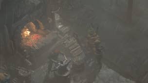 Diablo 4 baleful fragments: A man in a turban and furry loincloth is standing near a man hammering on an anvil in the rain