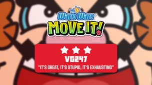 A three-star review blurb for WarioWare: Move It that reads: "It's great, it's stupid, it's exhausting".